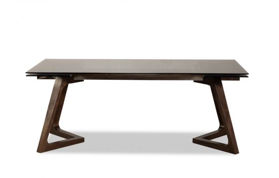 שולחן אוכל נפתח זכוכית בגוון אפור משולב רגלי עץ 100*200 ס"מ דגם SLOPE